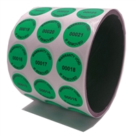 500 Green TamperGuard Tamper-Evident Security Label Seal Sticker Non Residue, Round/ Circle 0.75" diameter (19mm). Printed: warranty Void if Removed + Serial Number.