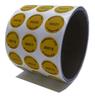 10,000 Yellow TamperGuard Tamper-Evident Security Label Seal Sticker Non Residue, Round/ Circle 0.75" diameter (19mm). Printed: warranty Void if Removed + Serial Number.