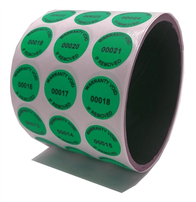 10,000 Green TamperGuard Tamper-Evident Security Label Seal Sticker Non Residue, Round/ Circle 0.75" diameter (19mm). Printed: warranty Void if Removed + Serial Number.