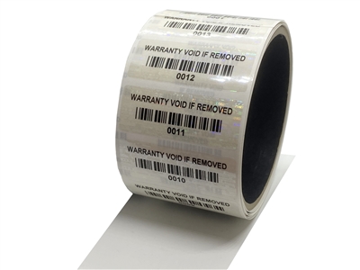 10,000 Tamper Evident Holographic Bright Clear Security Label Seal Sticker, Rectangle 2" x 0.75" (51mm x 19mm). Printed: Warranty Void if Removed + Serial Number