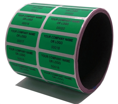 10,000 Green TamperGuard Tamper-Evident Security Label Seal Sticker Non Residue, Rectangle 1.5" x 0.6" (38mm x 15mm). Custom Print. >Click on item details to customize it.