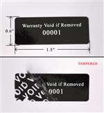 10,000 Black TamperColor Tamper Evident Security Label Seal Sticker, Rectangle 1.5" x 0.6" (38mm x 15mm). Printed: Warranty Void if Removed + Serial Number