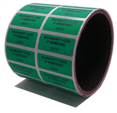 10,000 Green TamperGuard Tamper-Evident Security Label Seal Sticker Non Residue, Rectangle 1.5" x 0.6" (38mm x 15mm). Printed: Warranty Void if Removed + Serial Number.