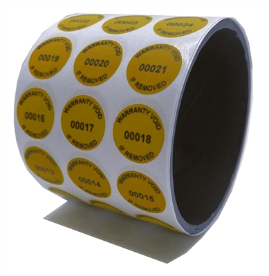 250 Yellow TamperGuard Tamper-Evident Security Label Seal Sticker Non Residue, Round/ Circle 0.75" diameter (19mm). Printed: warranty Void if Removed + Serial Number.