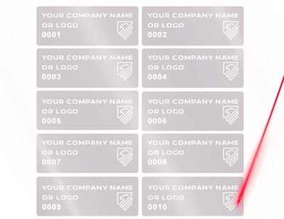 1,000 Silver Matte Asset Identification Security Labels 1.5" x  0.6" (38mm x 15mm), Demetalized Laser Customization. >Click on item details to customize it.