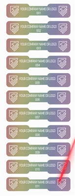 10,000 Rainbow TamperColor Tamper Evident Security Label Seal Sticker, Dogbone Shape Size 1.75" x 0.375 (44mm x 9mm).Demetalized Laser Customization. >Click on item details to customize it.