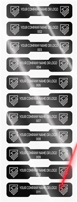 1,000 Silver Bright/ Chrome Finish TamperGuard Tamper Evident  Security Label Seal Sticker Non Residue, Dogbone Shape Size 1.75" x 0.375 (44mm x 9mm). Demetalized Laser Customization. >Click on item details to customize it.