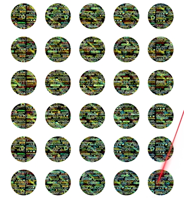 10,000 Tamper Evident Hologram Bright Black Security Round Label Seal Sticker, Round/ Circle 0.5" diameter (13mm). Demetalized Laser Customization. >Click on item details to customize it.
