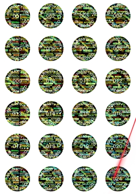 10,000 Tamper Evident Holographic Bright Black Security Round Label Seal Sticker, Round/ Circle 0.625" diameter (16mm). Demetalized Laser Customization. >Click on item details to customize it.