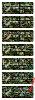 10,000 Tamper Evident Holographic Bright Black Security Label Seal Sticker, Rectangle 2" x 0.75" (51mm x 19mm). Demetalized Laser Customization. >Click on item details to customize it.