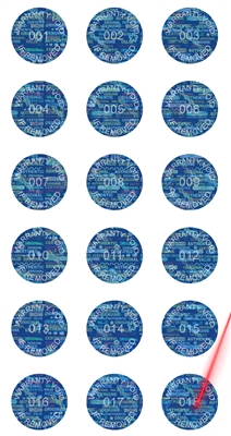2,000 Tamper Evident Holographic Bright Blue Security Round Label Seal Sticker, Round/ Circle 0.75" diameter (19mm). Demetalized Laser Customization. >Click on item details to customize it.