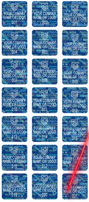 1,000 Tamper Evident Holographic Bright Blue Security Label Seal Sticker, Square 0.75" (19mm). Demetalized Laser Customization. >Click on item details to customize it.