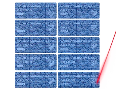 10,000 Tamper Evident Hologram Bright Blue Security Label Seal Sticker, Rectangle 1.5" x 0.6" (38mm x 15mm). Demetalized Laser Customization. >Click on item details to customize it.