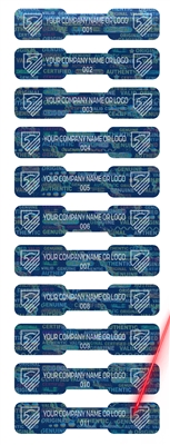 10,000 Tamper Evident Hologram Bright Blue Security Label Seal Sticker,Dogbone 1.75" x 0.375" (44mm x 9mm). Demetalized Laser Customization. >Click on item details to customize it.