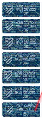 10,000 Tamper Evident Holographic Bright Blue Security Label Seal Sticker, Rectangle 2" x 0.75" (51mm x 19mm). Demetalized Laser Customization. >Click on item details to customize it.
