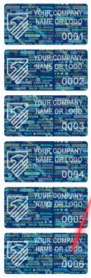 10,000 Tamper Evident Holographic Bright Blue Security Label Seal Sticker, Rectangle 2" x 1" (51mm x 25mm). Demetalized Laser Customization. >Click on item details to customize it.