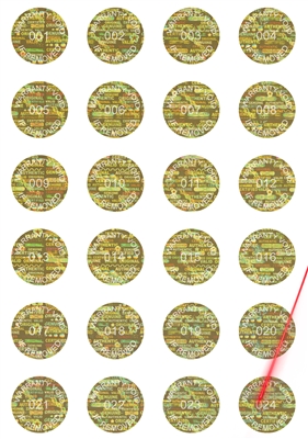 1,000 Tamper Evident Hologram Golden Security Round Label Seal Sticker, Round/ Circle 0.625" diameter (16mm). Demetalized Laser Customization. >Click on item details to customize it.
