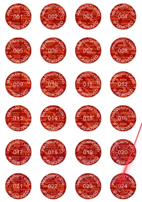 10,000 Tamper Evident Hologram Bright Red Security Round Label Seal Sticker, Round/ Circle 0.625" diameter (16mm). Demetalized Laser Customization. >Click on item details to customize it.