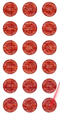 10,000 Tamper Evident Holographic Red Security Round Label Seal Sticker, Round/ Circle 0.75" diameter (19mm). Demetalized Laser Customization. >Click on item details to customize it.