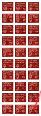 10,000 Tamper Evident Holographic Bright Red Security Label Seal Sticker, Rectangle .75" x 0.6" (19mm x 15mm). Demetalized Laser Customization. >Click on item details to customize it.