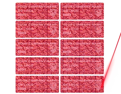 1,000 Tamper Evident Hologram Bright Red Security Label Seal Sticker, Rectangle 1.5" x 0.6" (38mm x 15mm). Demetalized Laser Customization. >Click on item details to customize it.