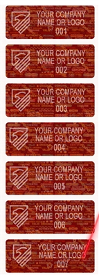 10,000 Tamper Evident Holographic Bright Red Security Label Seal Sticker, Rectangle 2" x 0.75" (51mm x 19mm). Demetalized Laser Customization. >Click on item details to customize it.