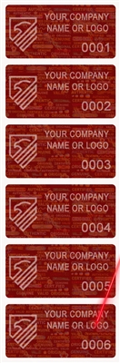 10,000 Tamper Evident Holographic Bright Red Security Label Seal Sticker, Rectangle 2" x 1" (51mm x 25mm). Demetalized Laser Customization. >Click on item details to customize it.