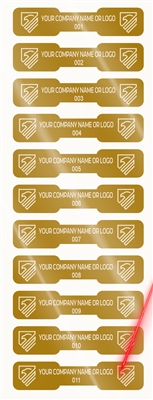 10,000 Gold TamperVoidPro Tamper Evident Security Labels Seal Sticker, Dogbone Shape Size 1.75" x 0.375 (44mm x 9mm). Demetalized Laser Customization. >Click on item details to customize it. 