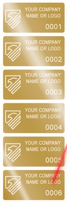 10,000 Gold TamperVoidPro Tamper Evident Security Labels Seal Sticker, Rectangle 2" x 1" (51mm x 25mm). Demetalized Laser Customization. >Click on item details to customize it.