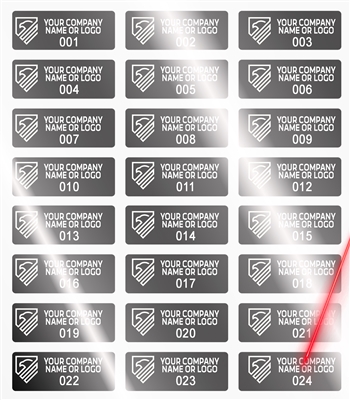 10,000 Silver Bright TamperVoidPro Metallic Tamper Evident Security Labels Seal Sticker, Rectangle 1" x 0.375" (25mm x 9mm). Demetalized Laser Customization. >Click on item details to customize it.