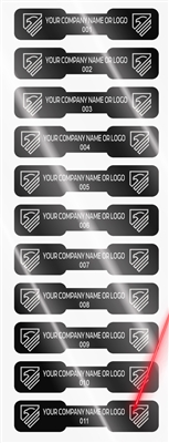 10,000 Silver Bright TamperVoidPro Tamper Evident Security Labels Seal Sticker, Dogbone Shape Size 1.75" x 0.375 (44mm x 9mm). Demetalized Laser Customization. >Click on item details to customize it. 
