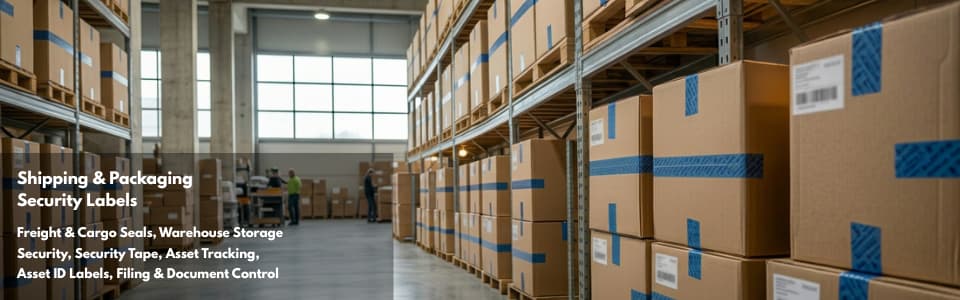 Rows of sealed cardboard boxes with blue tamper-evident security tape are stacked on warehouse shelving, with workers visible in the background, illustrating Intertronixs shipping security labels, security tape, and asset tracking solutions.