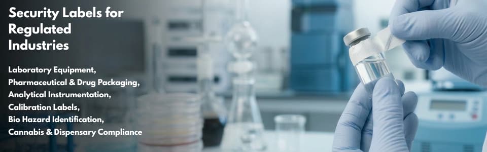 A gloved hand in a laboratory holds a sealed pharmaceutical vial against a blurred background of lab glassware and scientific equipment, representing security labeling solutions for regulated industries including pharmaceutical, laboratory, and cannabis.